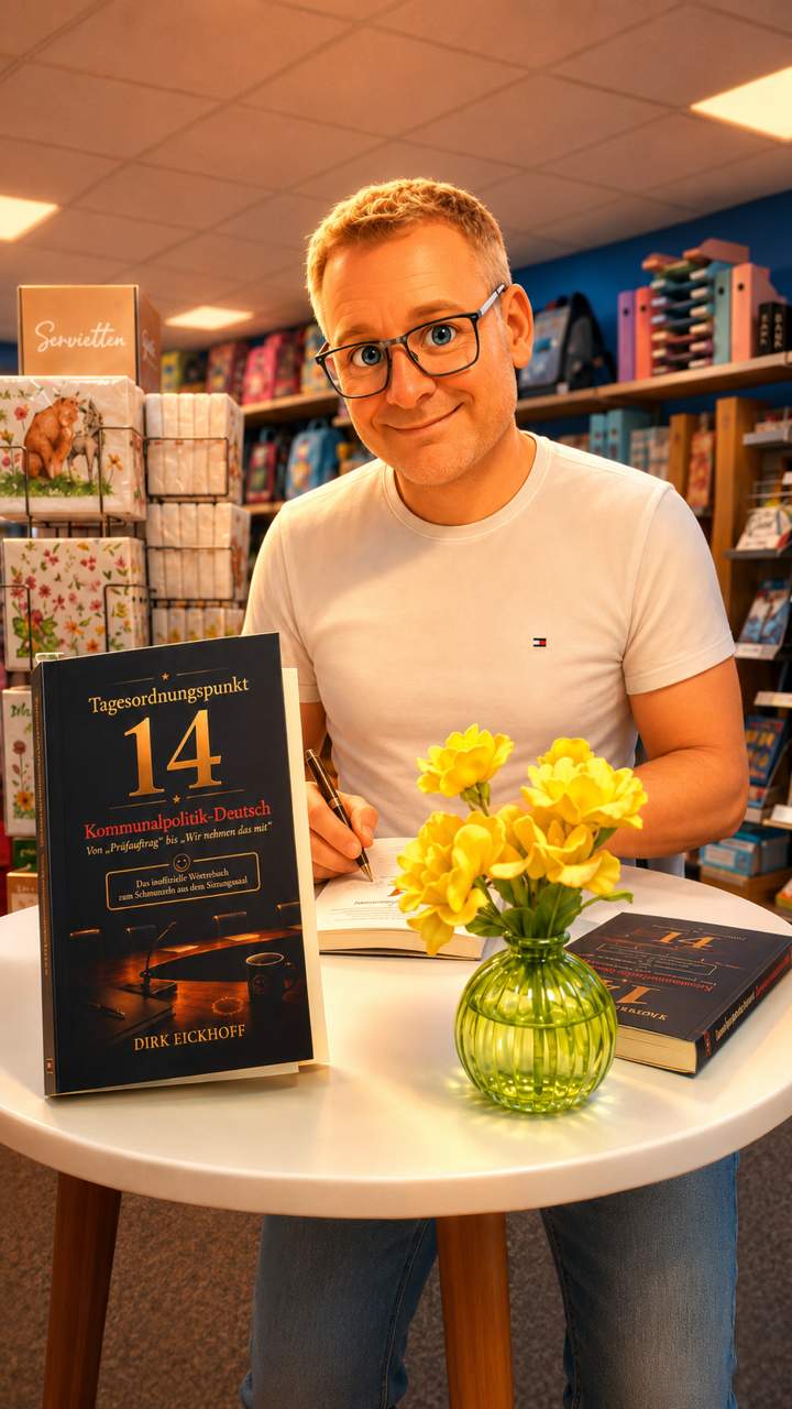 Gast mit dem Buch „Tagesordnungspunkt 14“ am Signiertisch